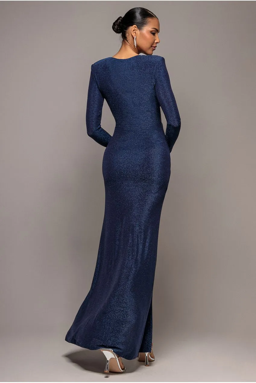 Goddiva abito maxi navy lurex scollo profondo spacco manica lunga