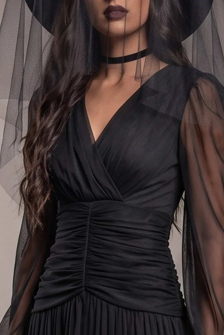 Goddiva Abito Maxi Strega Nero Maniche Trasparenti