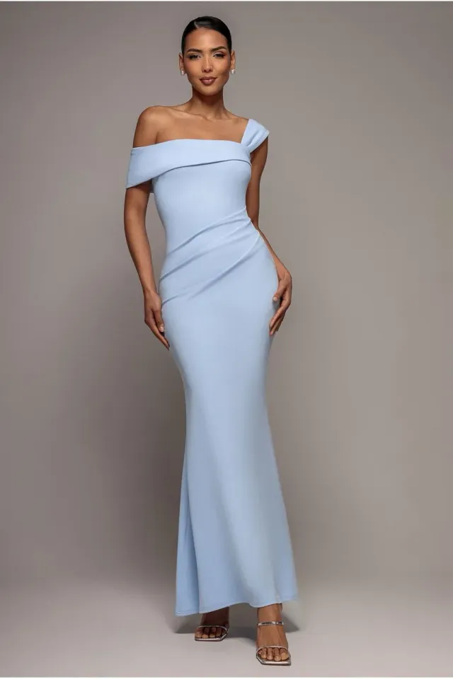 Goddiva Abito Maxi Spalle Scoperte Azzurro Vita Plisse