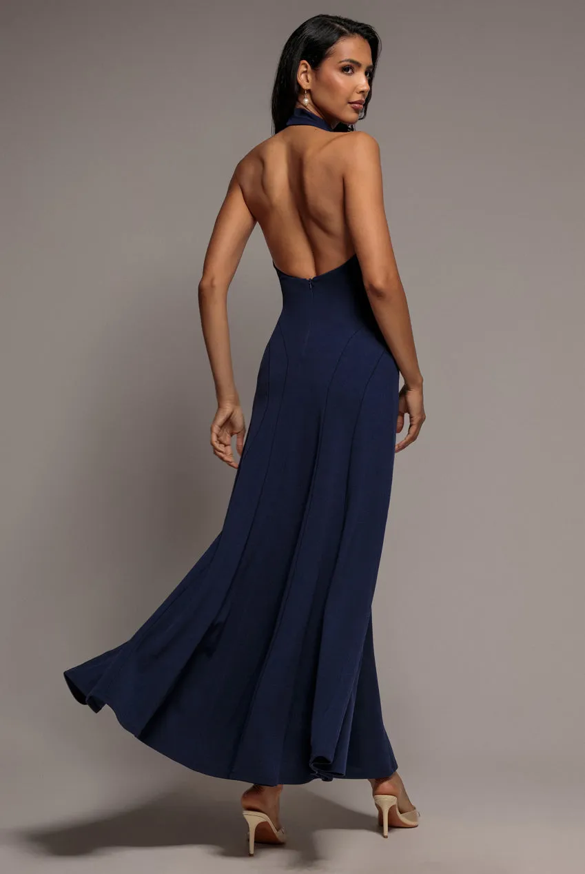 Goddiva Halterneck Cowl Backless abito maxi blu navy scuba