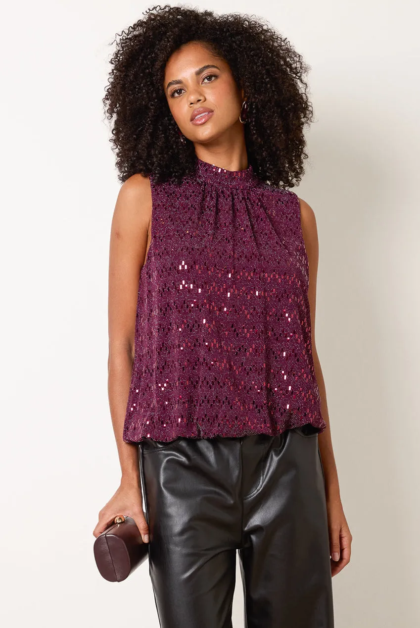 Blue Vanilla Puff Ball blusa bordeaux metallizzata collo alto