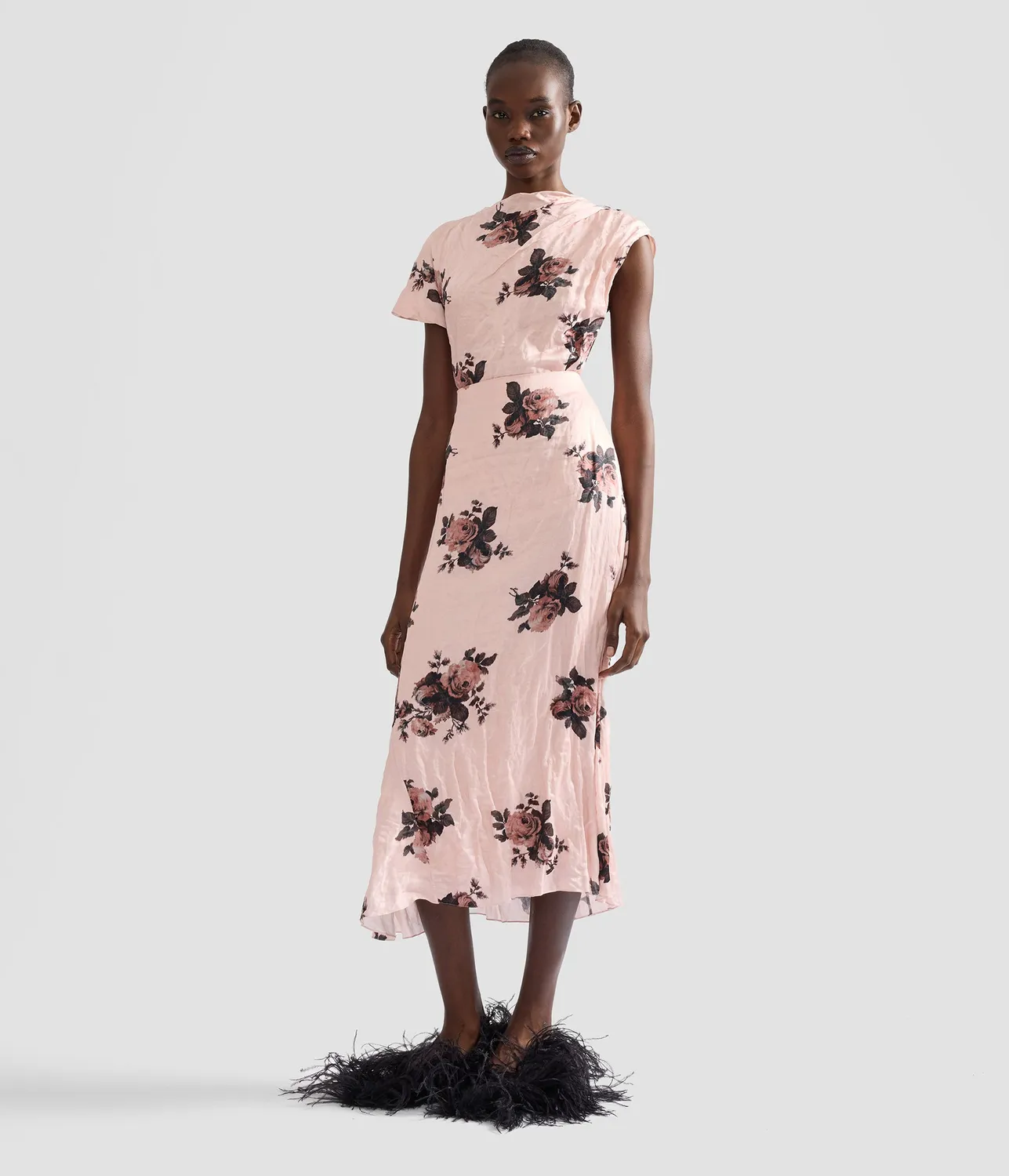 Erdem Floral Crushed Satin Short Sleeve Draped Top top raso