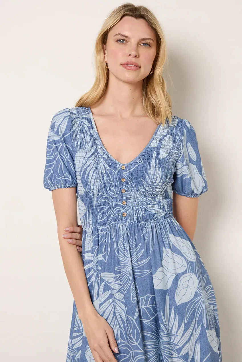 Blue Vanilla Shirred abito midi blu scollo V vita arricciata