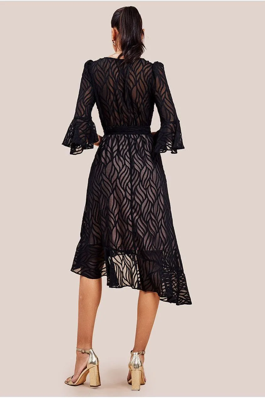 Goddiva Geo-Wave Wrap abito midi nero 12