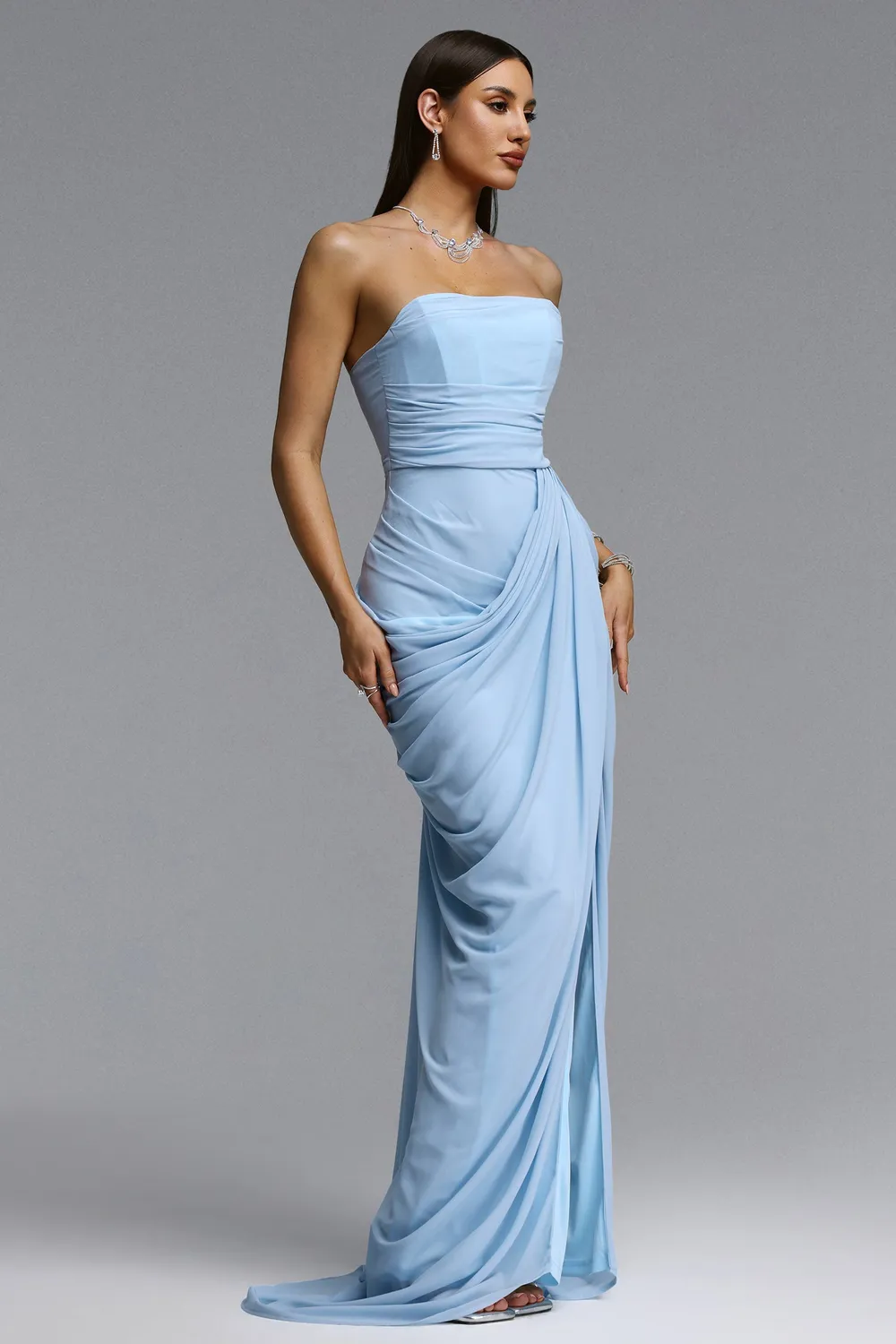 Bella Barnett Tazeda abito maxi azzurro S mesh senza spalline