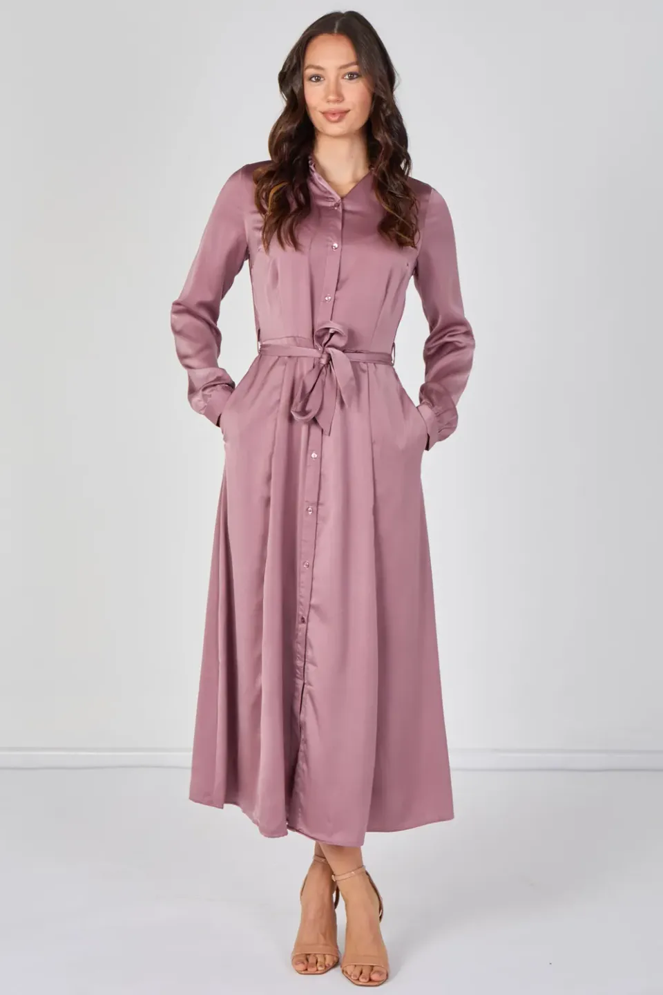 Love Sunshine Belted abito camicia rosa satin cintura