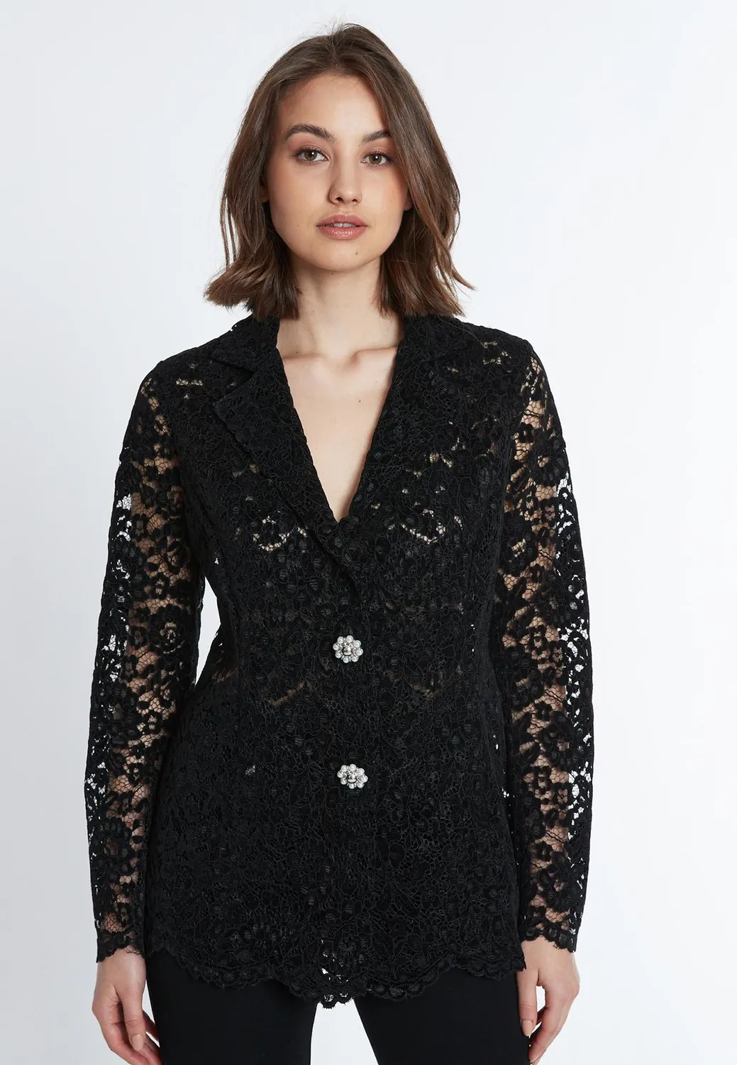 Ana Alcazar Saha blazer pizzo nero bottoni perla