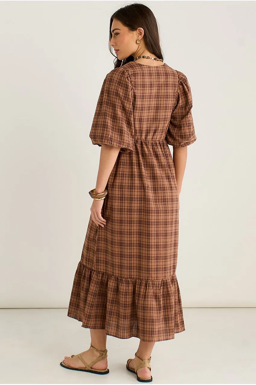 Gini London Puff Sleeves abito midi marrone cotone