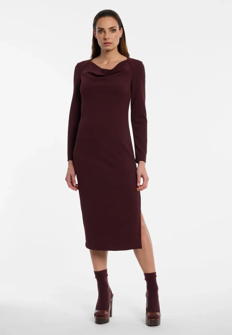 Ana Alcazar Enlyva abito midi bordeaux scollo drappeggiato
