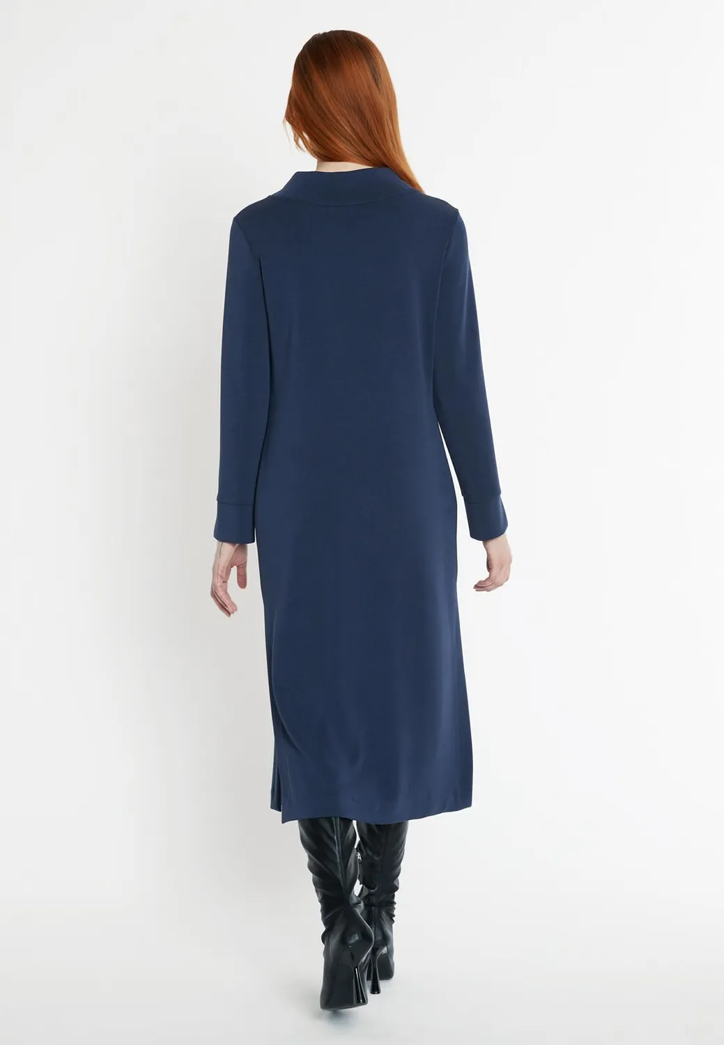 Ana Alcazar Sedani abito midi blu jersey manica lunga