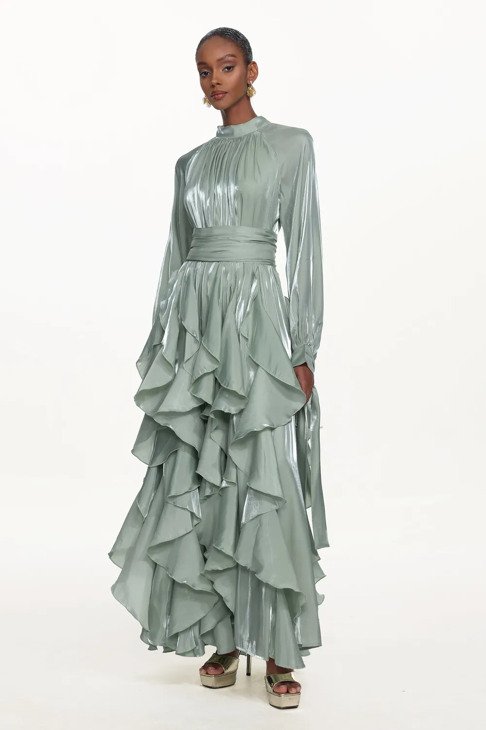 Bella Barnett Grasa abito maxi verde plissettato manica lunga M