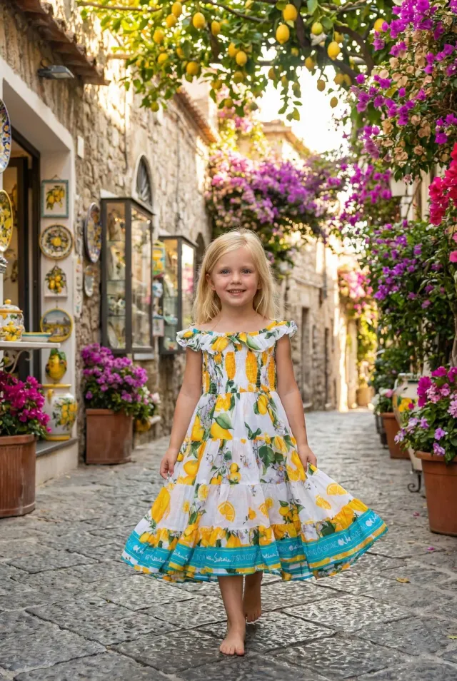 Antica Sartoria FV002 Abito Bimba Smanicato Cotone Agrumi