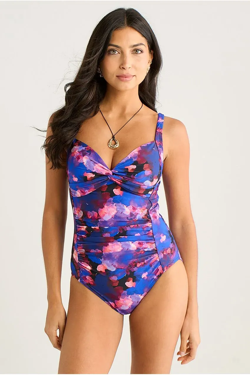 Gini London Watercolour costume intero blu arricciato