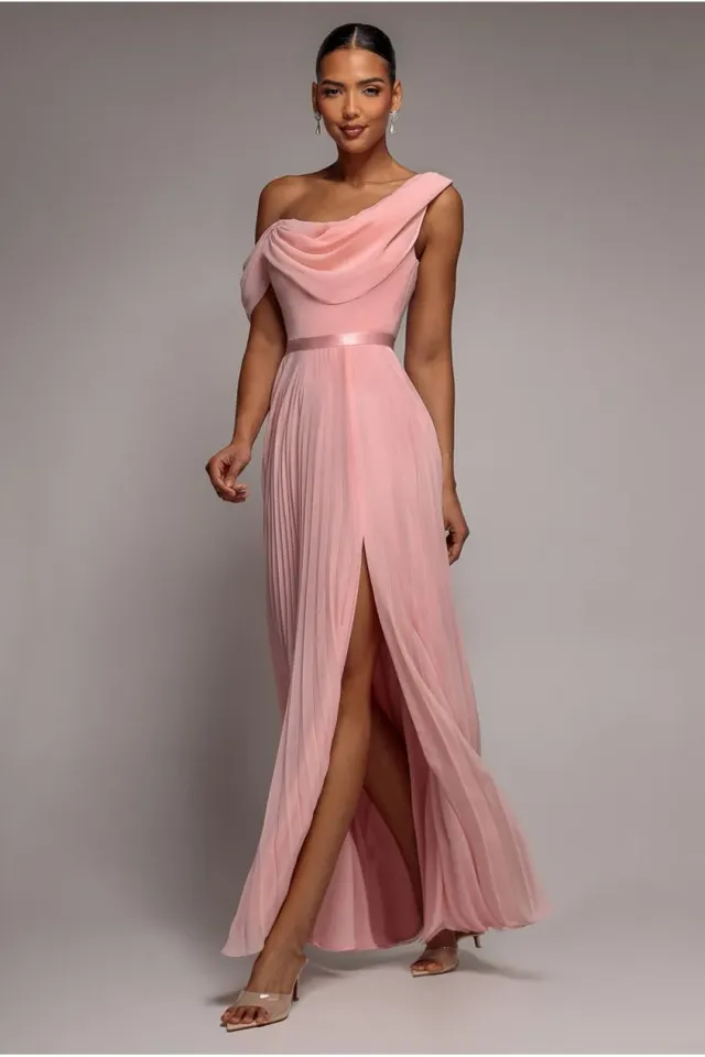 Goddiva Cowl Neck One Shoulder abito lungo rosa cipria chiffon