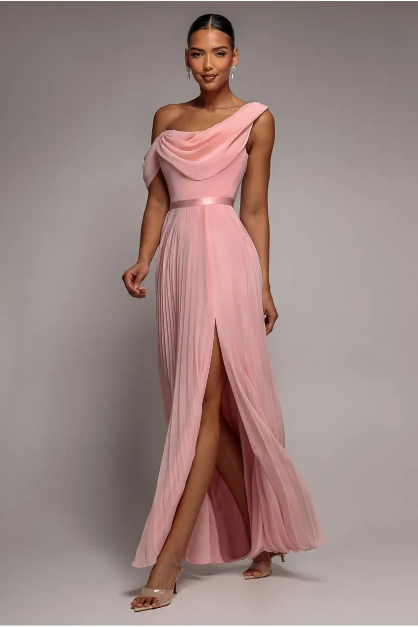Goddiva Cowl Neck One Shoulder abito lungo rosa cipria chiffon