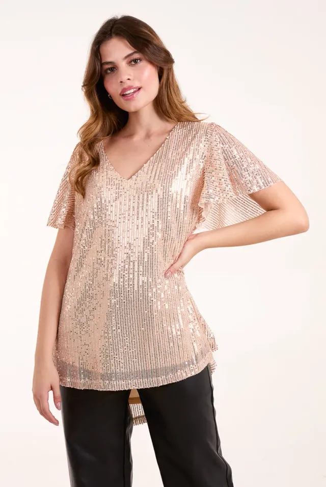 Blue Vanilla Angel Sleeve top oro paillettes scollo V M