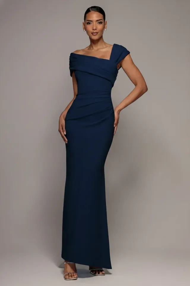 Goddiva One Shoulder abito maxi navy monospalla