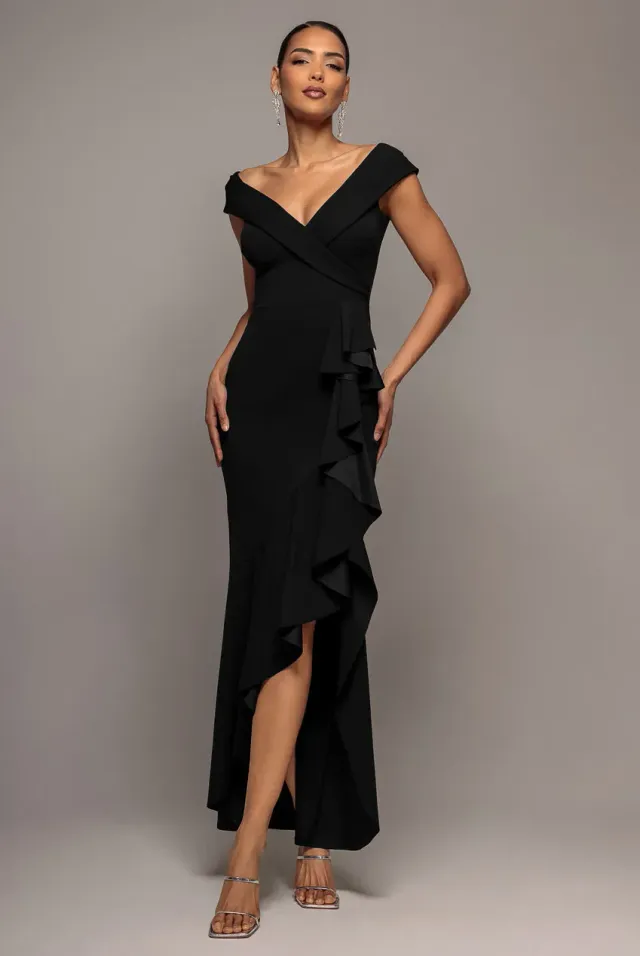 Goddiva Off Shoulder Waterfall Frill abito maxi nero scuba