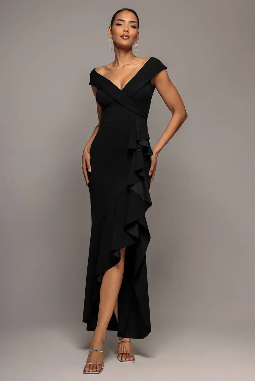 Goddiva Off Shoulder Waterfall Frill abito maxi nero scuba