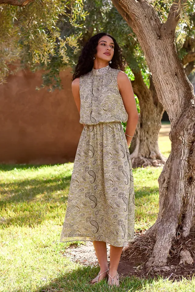 Blue Vanilla Paisley abito midi kaki collo alto fantasia