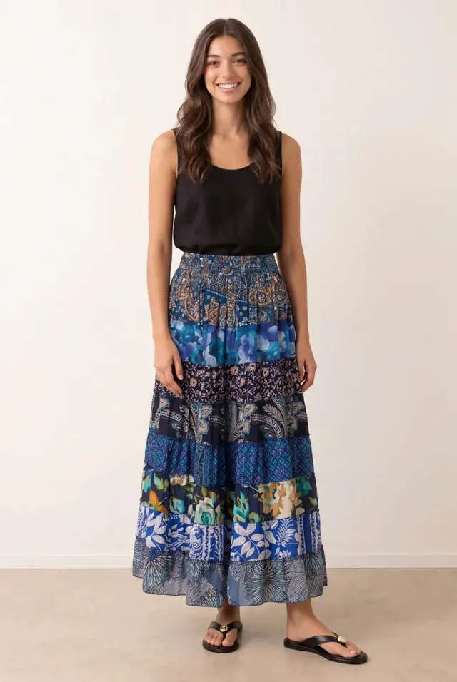 Blue Vanilla gonna maxi blu fantasia vita elasticizzata