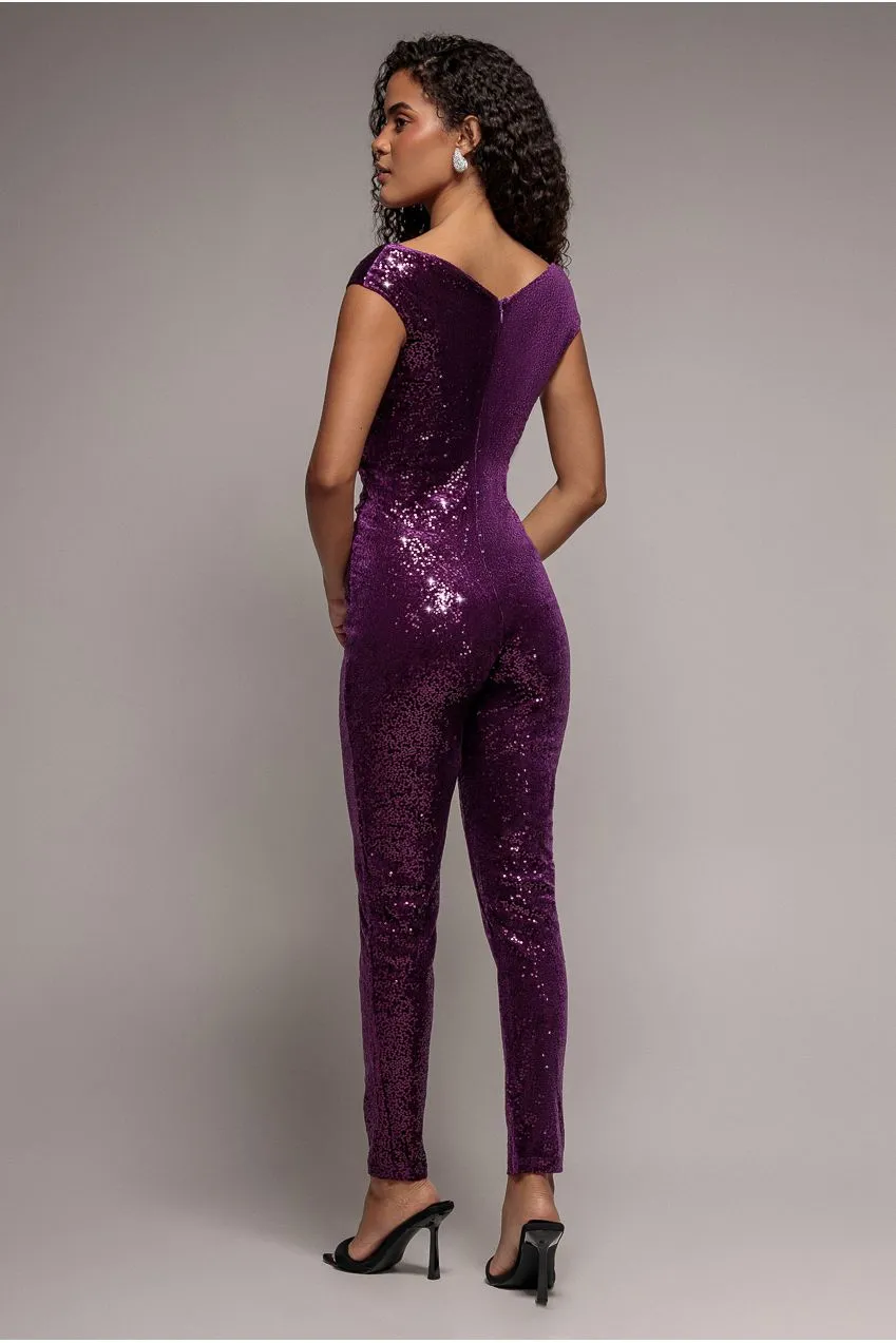 Goddiva Sequin Velvet tuta magenta scollo bardot