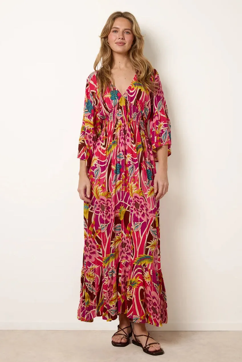 Blue Vanilla Tropical abito maxi rosa viscosa scollo V