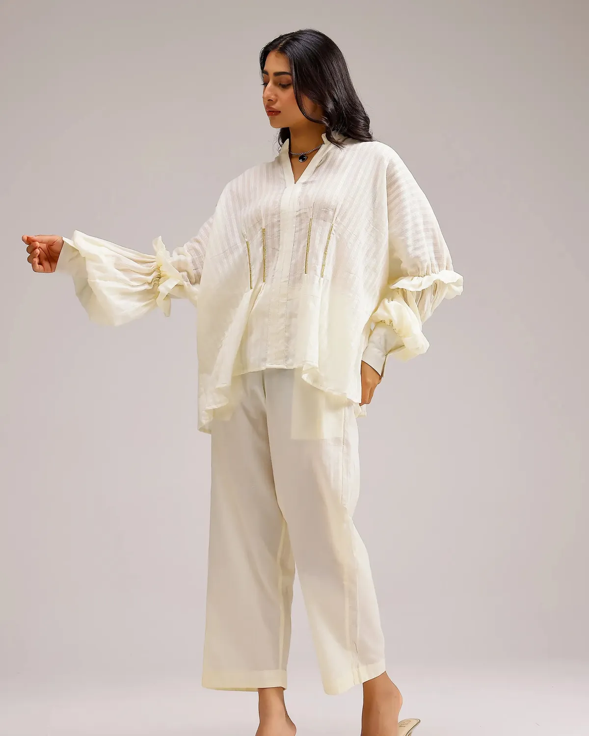 Our Dve Saanjh Silent Stripe top beige cotone