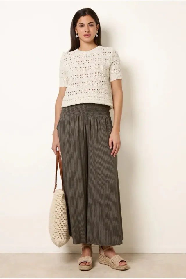 Blue Vanilla Wide Leg Shirred Waist pantaloni kaki L/XL elasticizzati