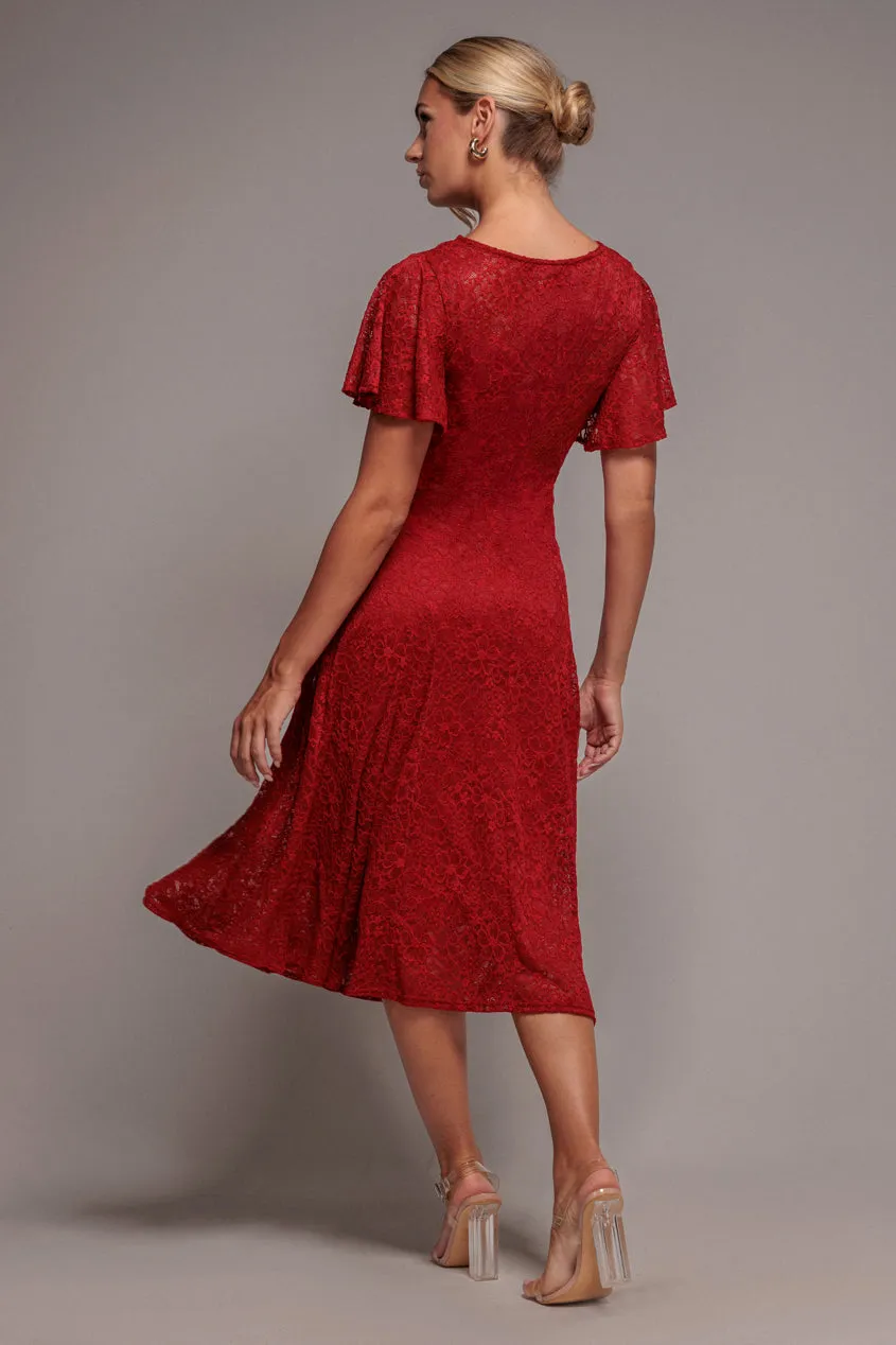 Goddiva DR4361 vestito midi rosso pizzo linea A maniche volant