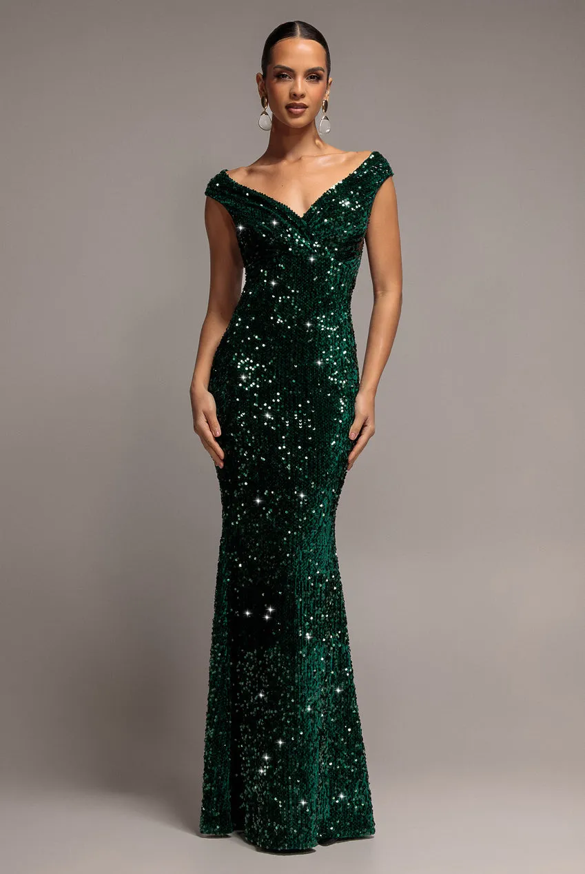 Goddiva Sequin Velvet DR3512 abito maxi verde smeraldo