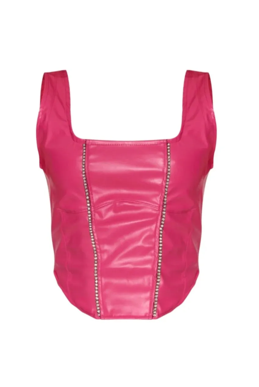 Goddiva Diamante Square Neckline top fucsia ecopelle