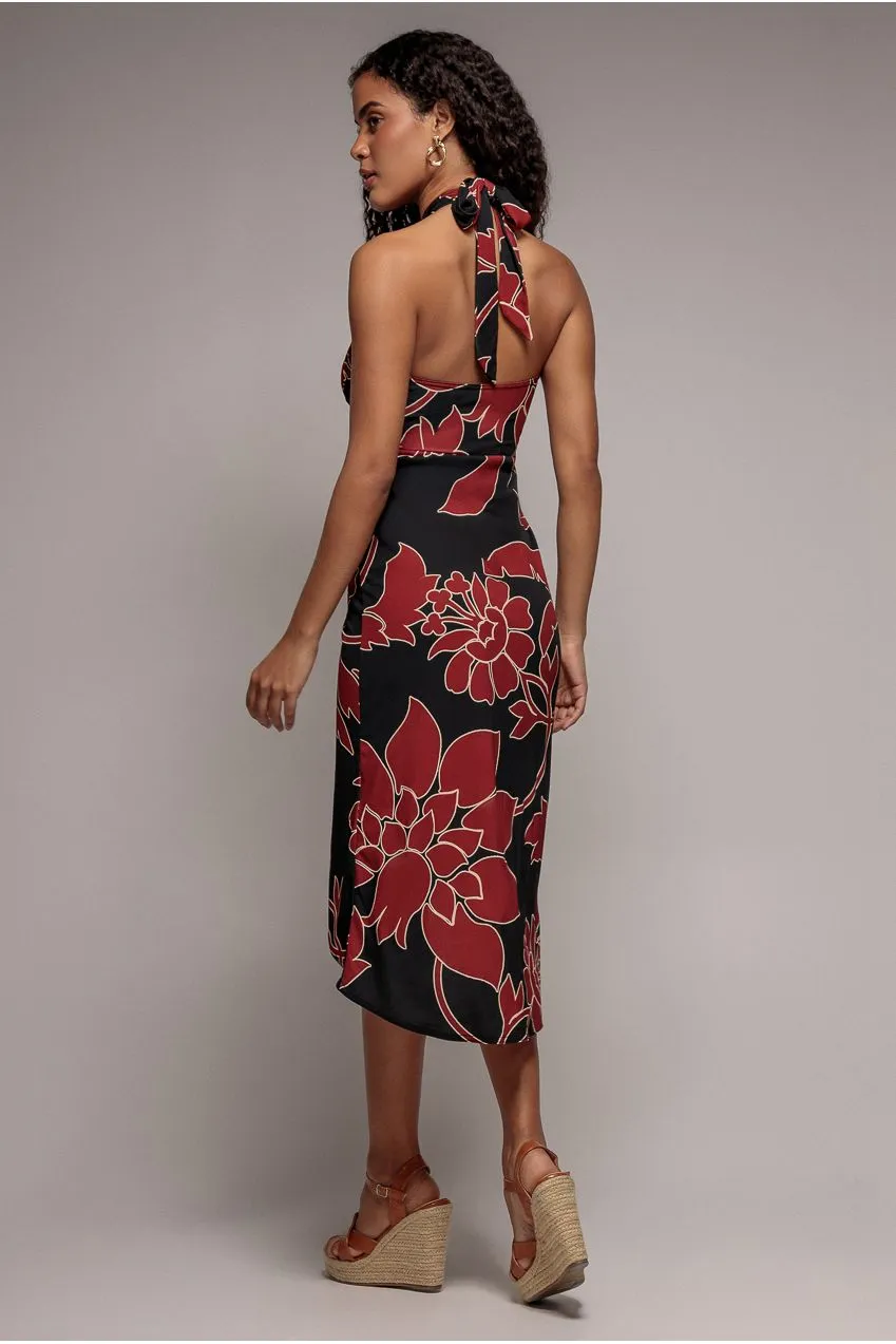 Goddiva Crossover Midi abito nero stampato halter