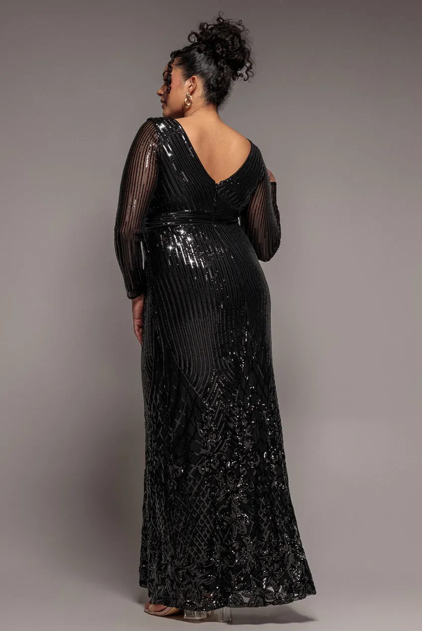 Goddiva Plus Sequin Wrap abito nero paillettes curvy