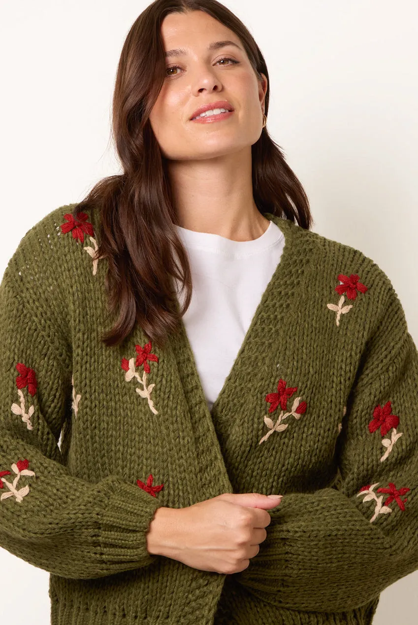Blue Vanilla Flower Embroidery cardigan khaki manica lunga