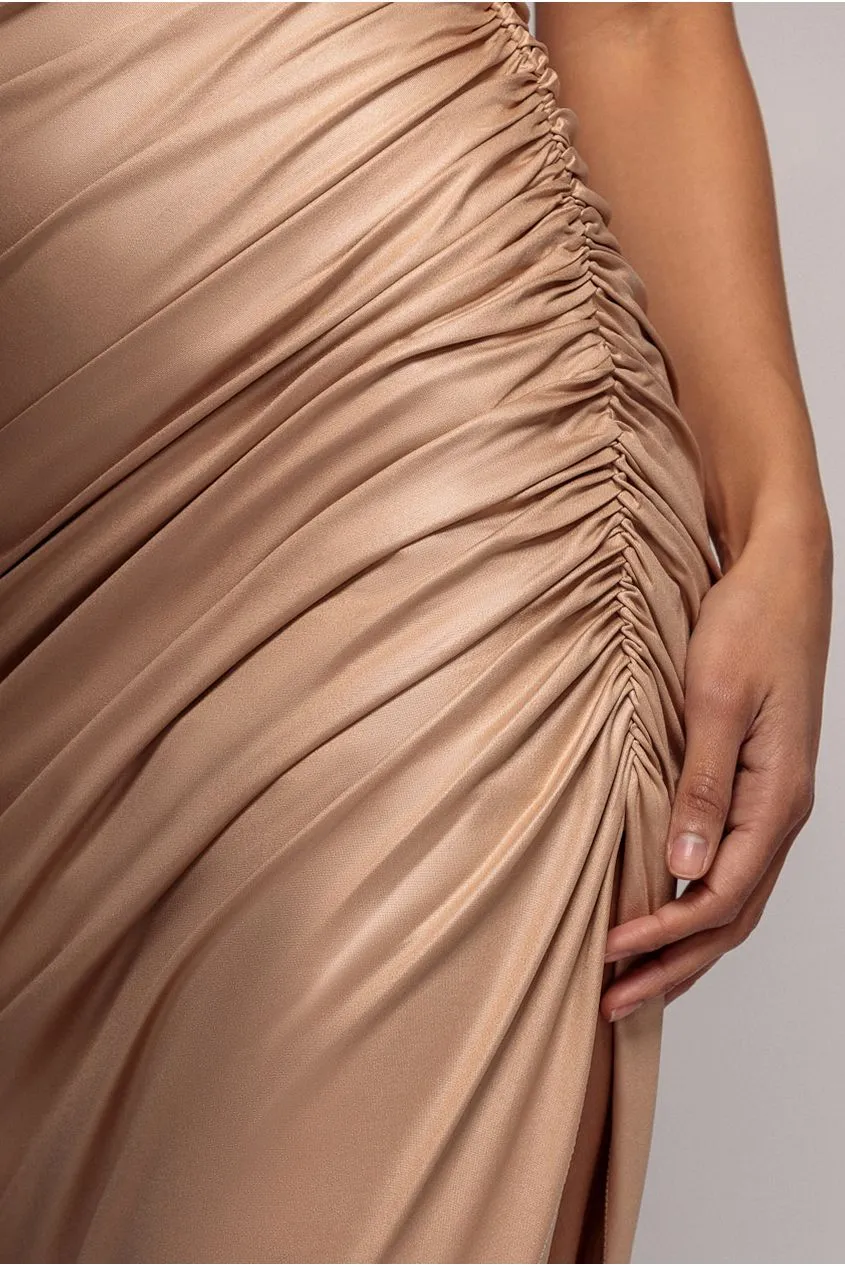 Goddiva Bandeau abito midi ecopelle beige bodycon