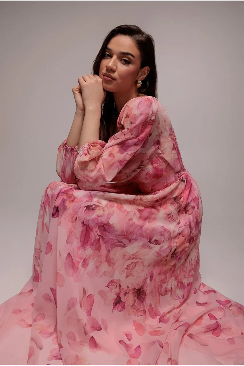 Goddiva DR5131 abito lungo rosa cipria floreale chiffon