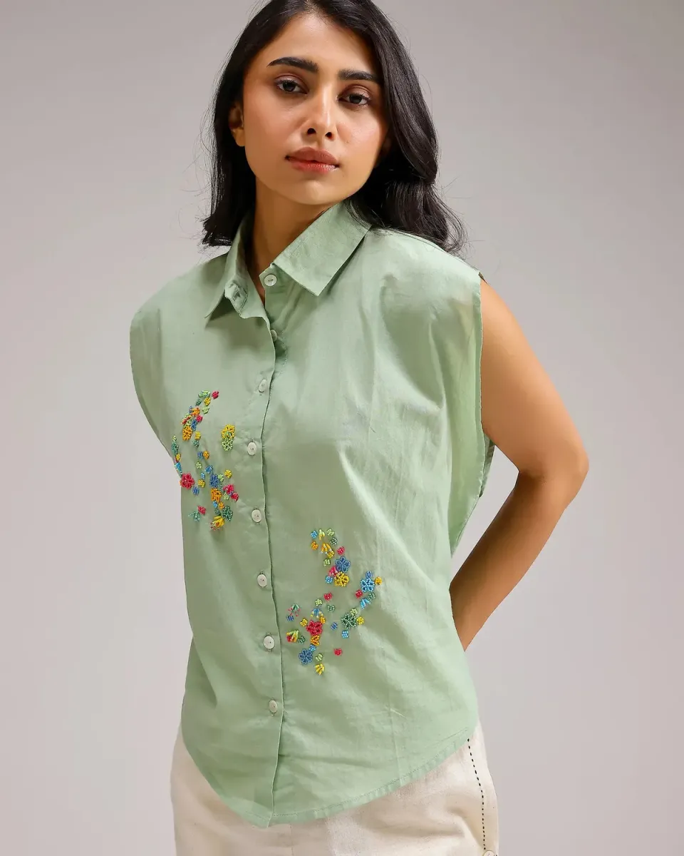 Our Dve Saanjh Fresh Dew Top verde pallido cotone
