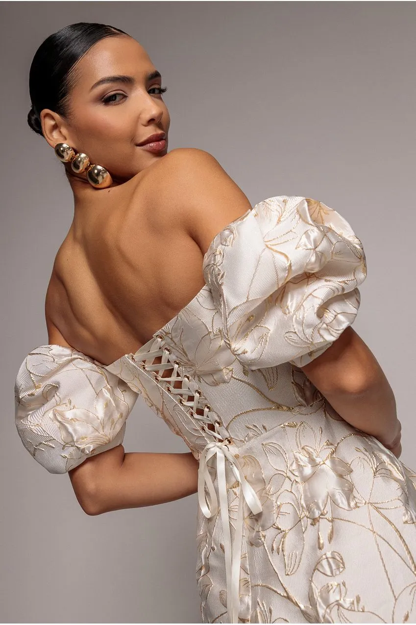 Goddiva Puff Sleeve Sweetheart DR4758 abito midi crema jacquard