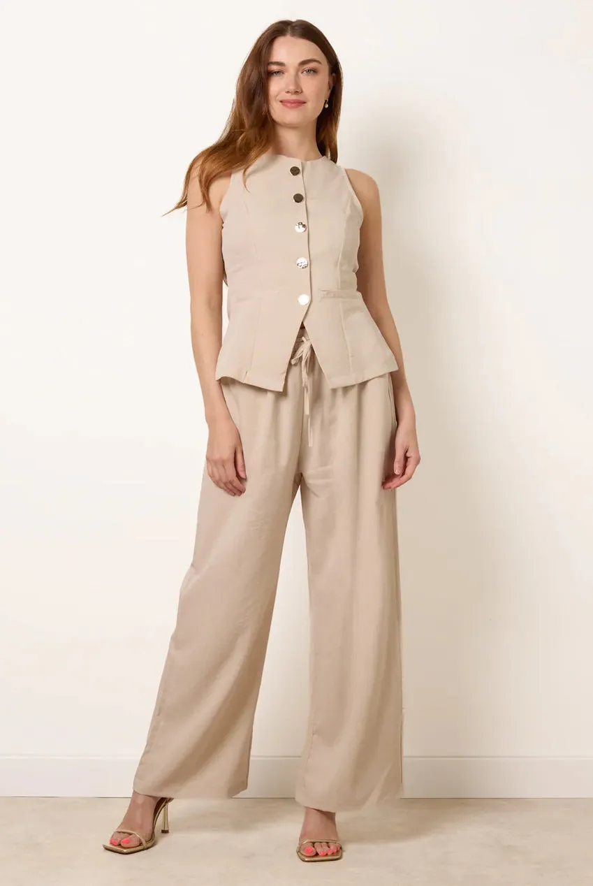 Blue Vanilla Set Top e Pantaloni Pietra Chiaro in Misto Lino