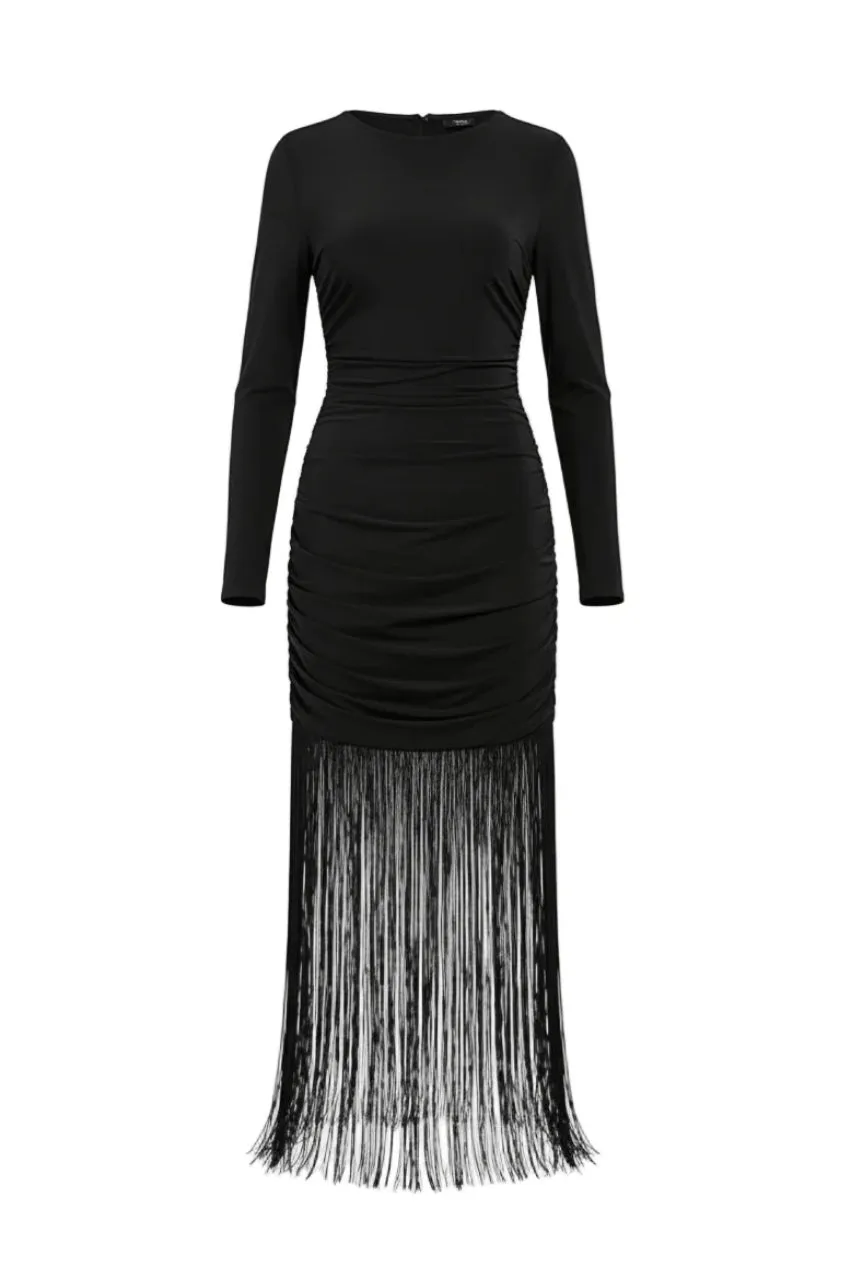 Avinci Abito Midi Bodycon Nero Frange Jersey 8