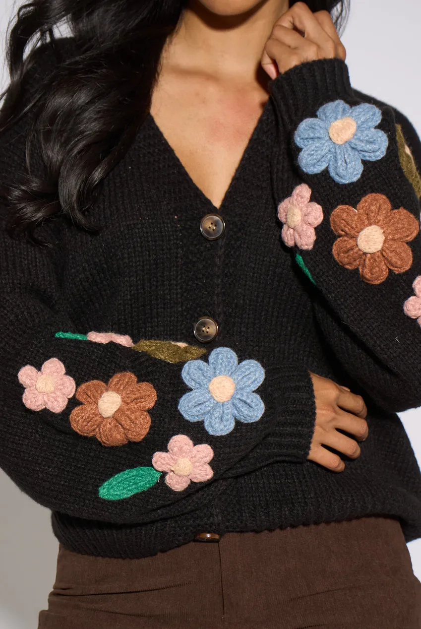 Gini London Cardigan Nero Maglia Fiori 3D Maniche