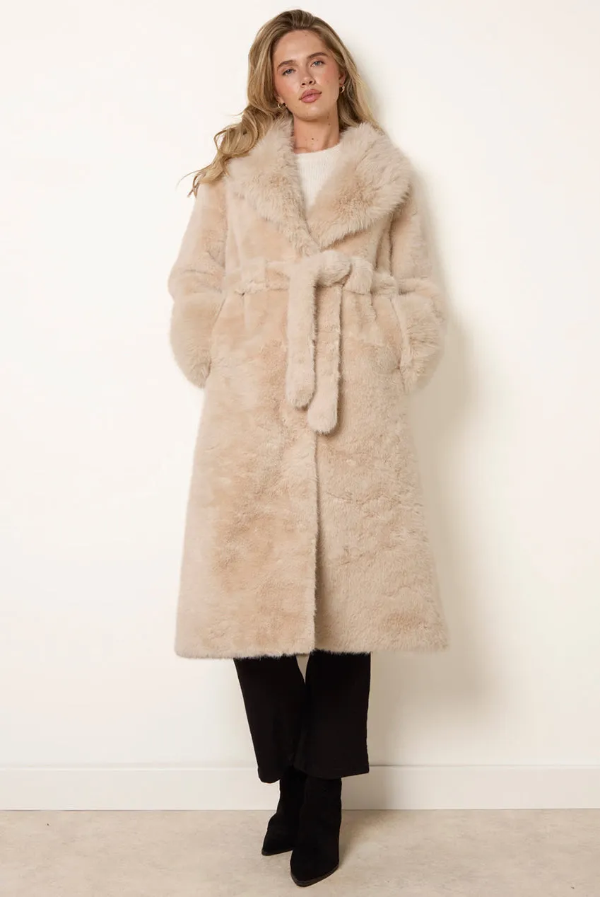 Blue Vanilla Plush Faux Fur cappotto beige midi con cintura