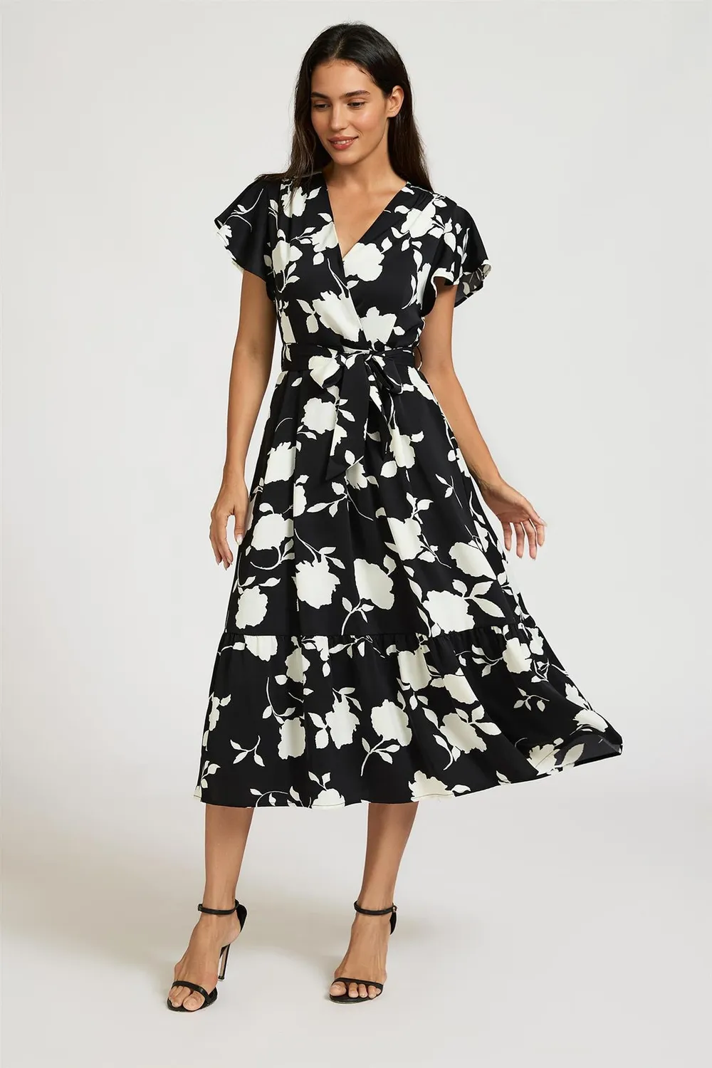 FS Collection Wrap abito midi nero floreale manica corta