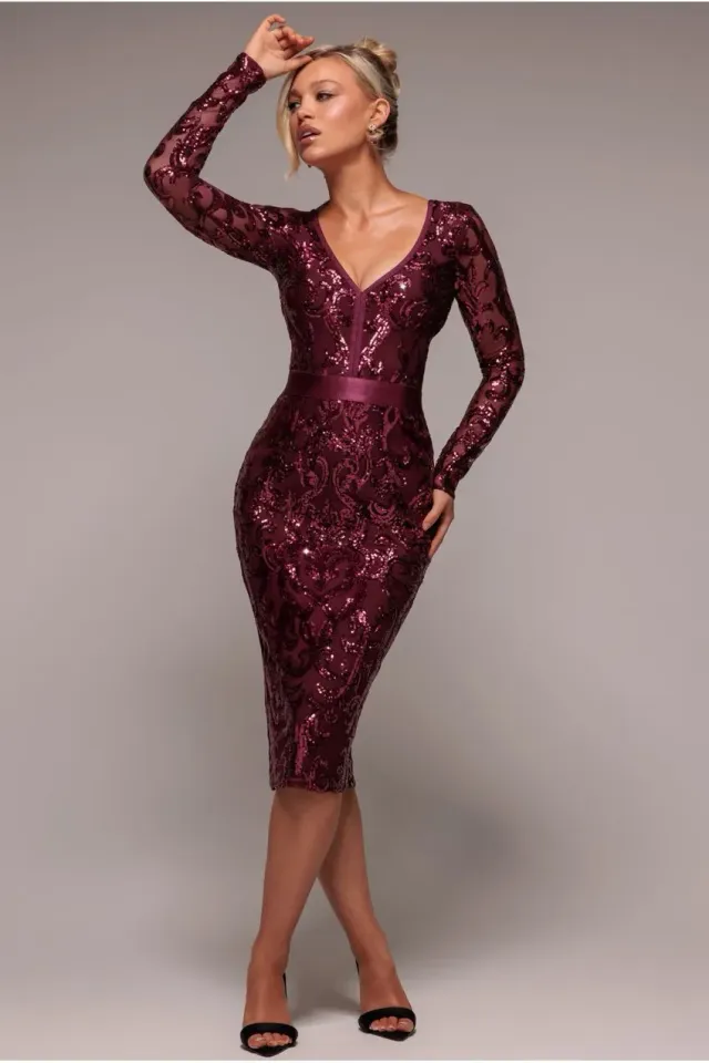 Goddiva Sequin Mesh Abito Midi Bordeaux