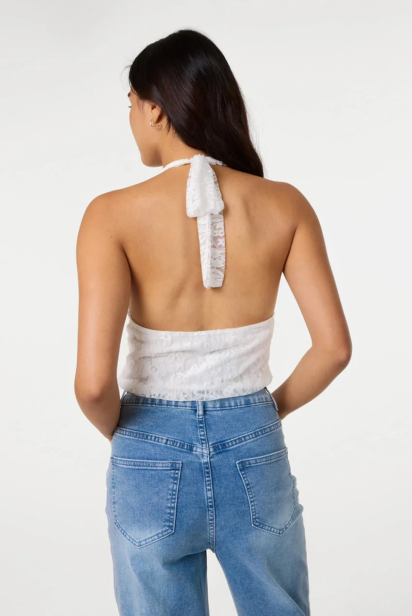 Pink Vanilla top pizzo avorio S scollo halter allacciato