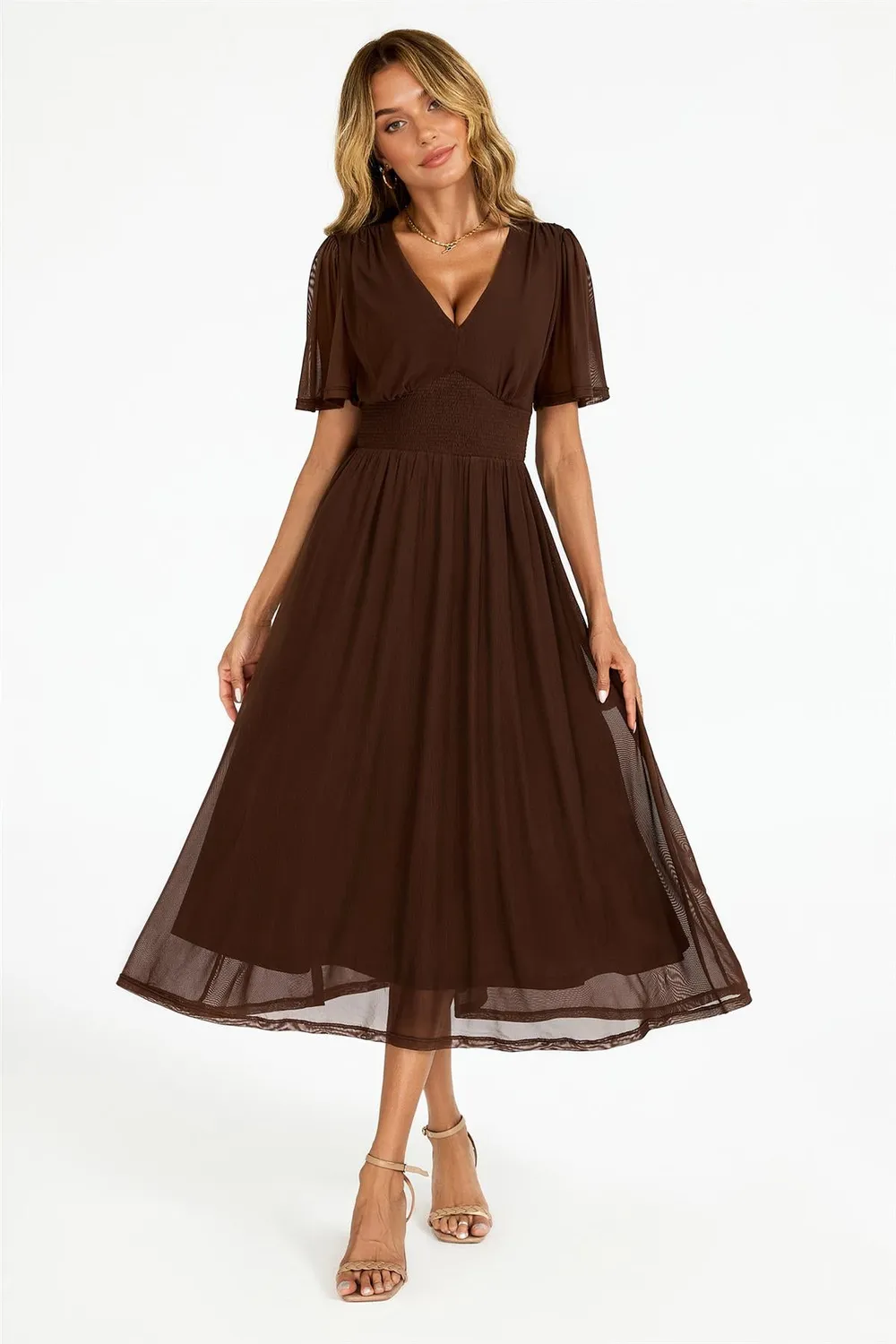 FS Collection Flutter Sleeve abito midi marrone scollo V
