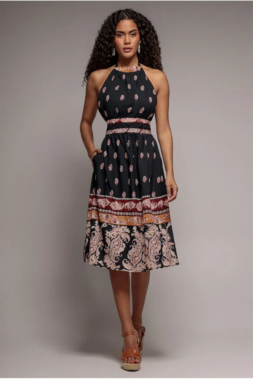 Goddiva Halter Neck Printed abito midi nero fantasia