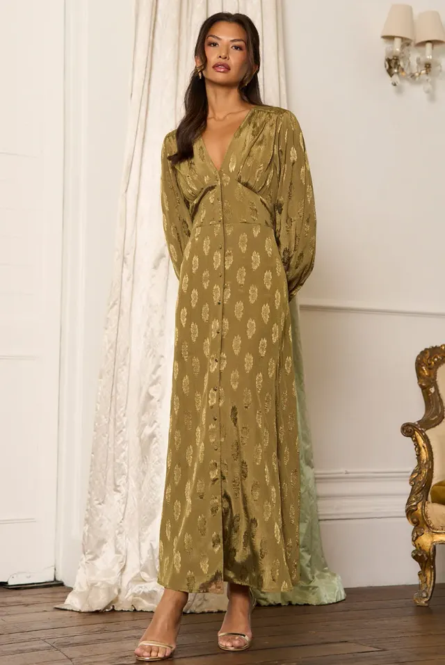 Goddiva Gini London abito maxi verde jacquard floreale