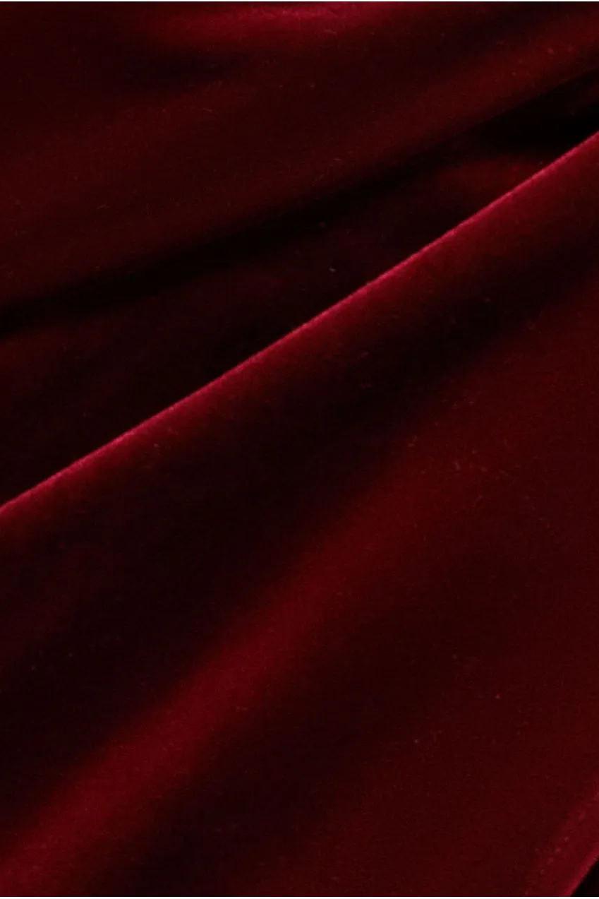 Goddiva Draped Shoulder abito lungo velluto bordeaux corsetto